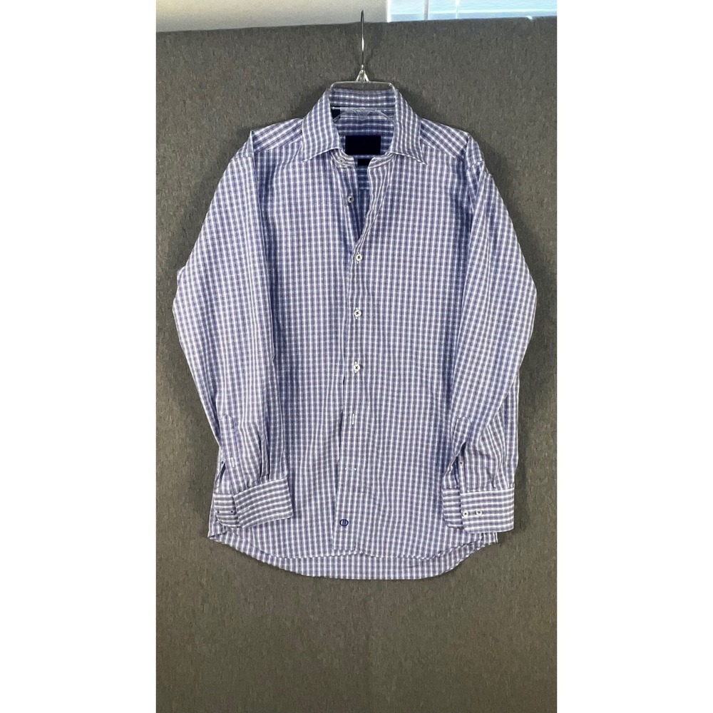 Lot of 2 David Donahue Trim Fit 15.5 Dress Shirts Mens Blue Solid & Purple Check - Picture 7 of 10